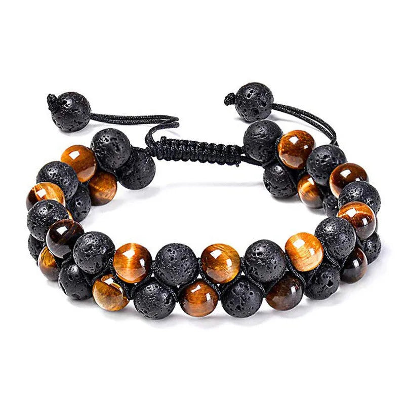 A pair of matte black agate bead bracelets with geometric design for him and her.