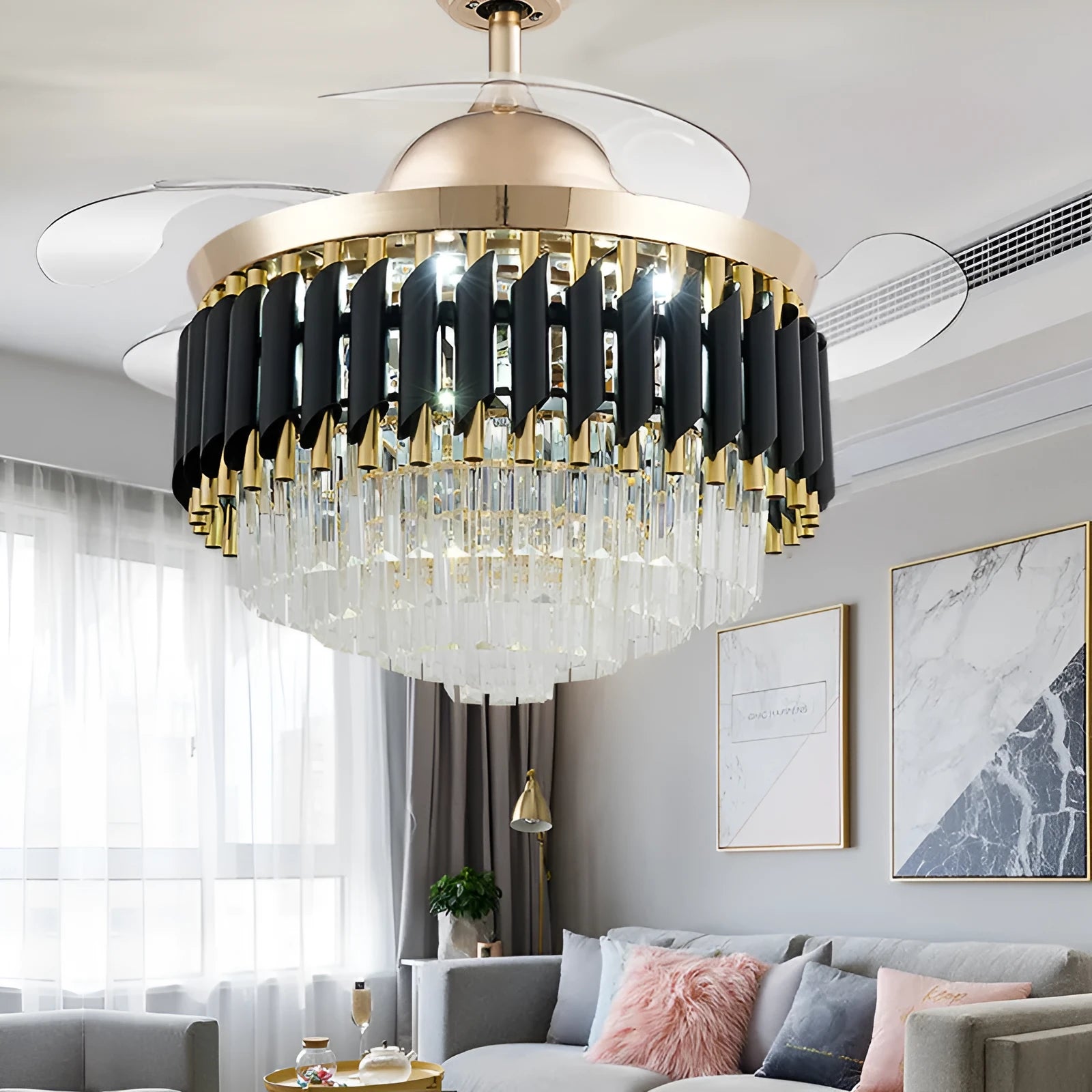 Crystal chandelier style ceiling fan light with LED bulbs and remote control in silver finish.