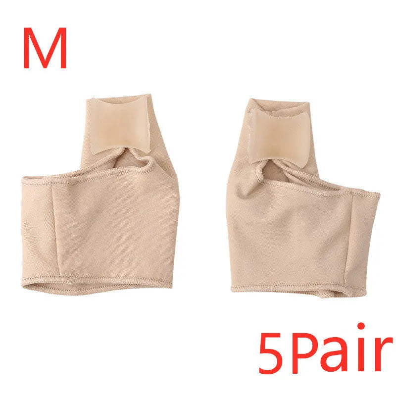 A pair of stretch fabric bunion socks with a soft gel pad and silicone toe separator in sizes small, medium, and large.