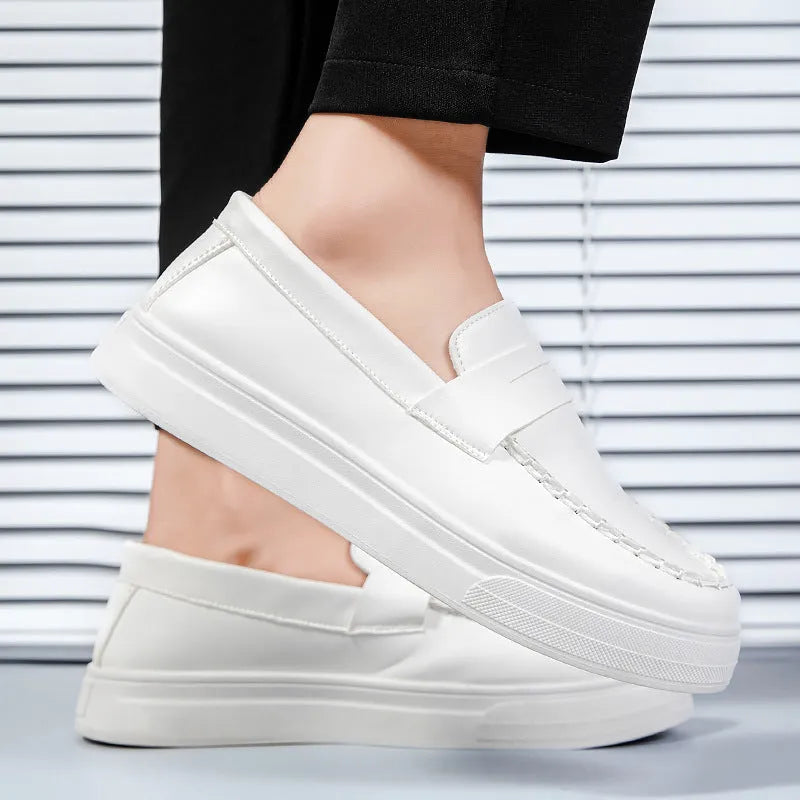 PU leather casual slip-on shoes in round toe design available in white, black and white, and khaki colour options