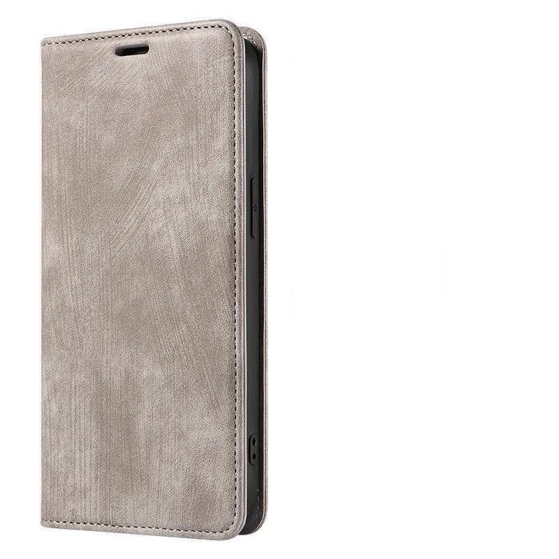 Magnetic flip leather phone case for iPhone in various solid colours, shown open and closed.