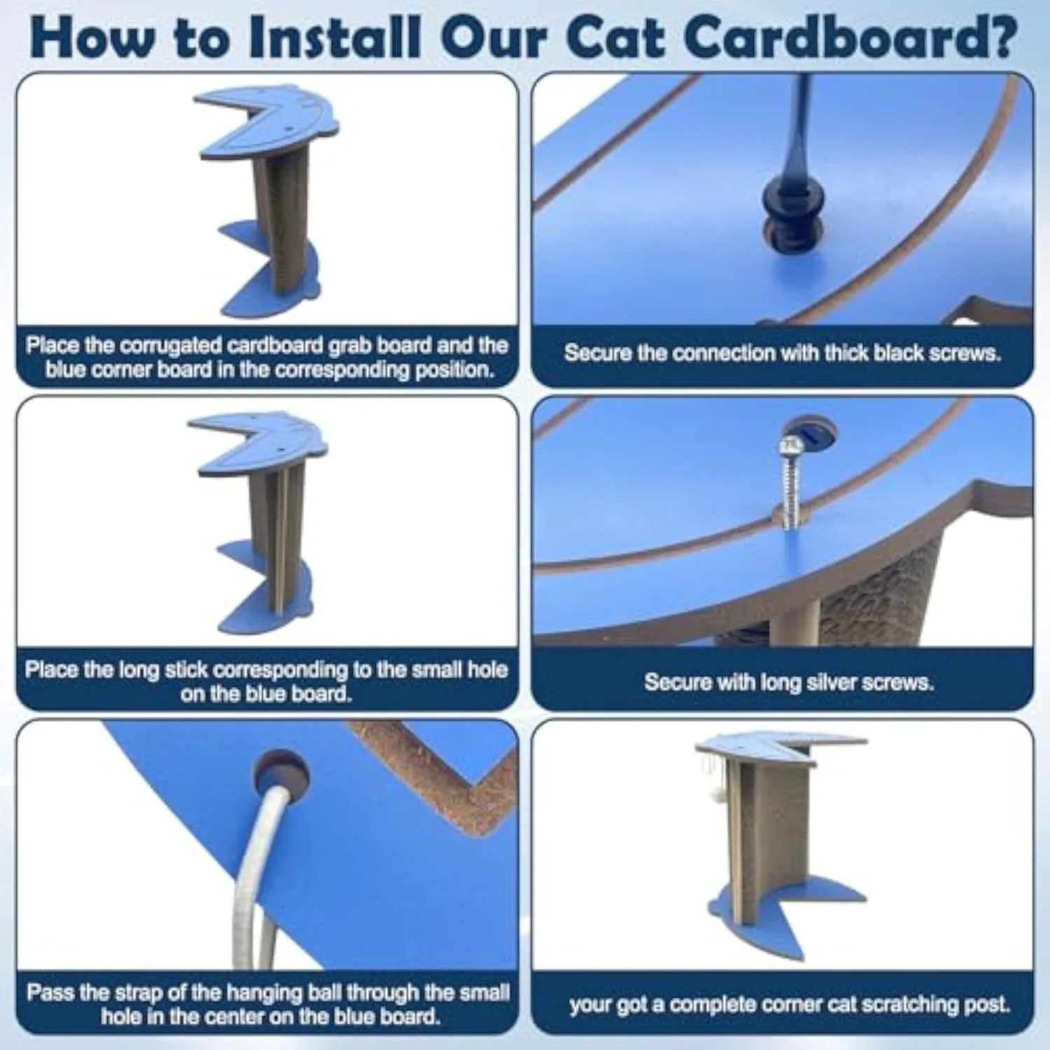 Grey cardboard corner cat scratcher with hanging ball mounted in a room corner.