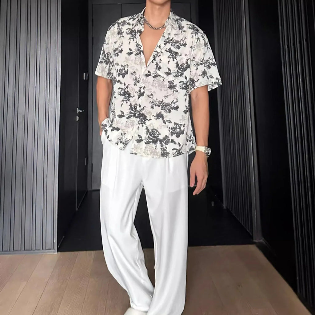 Loose casual floral printed short sleeve shirt in black or white colour options