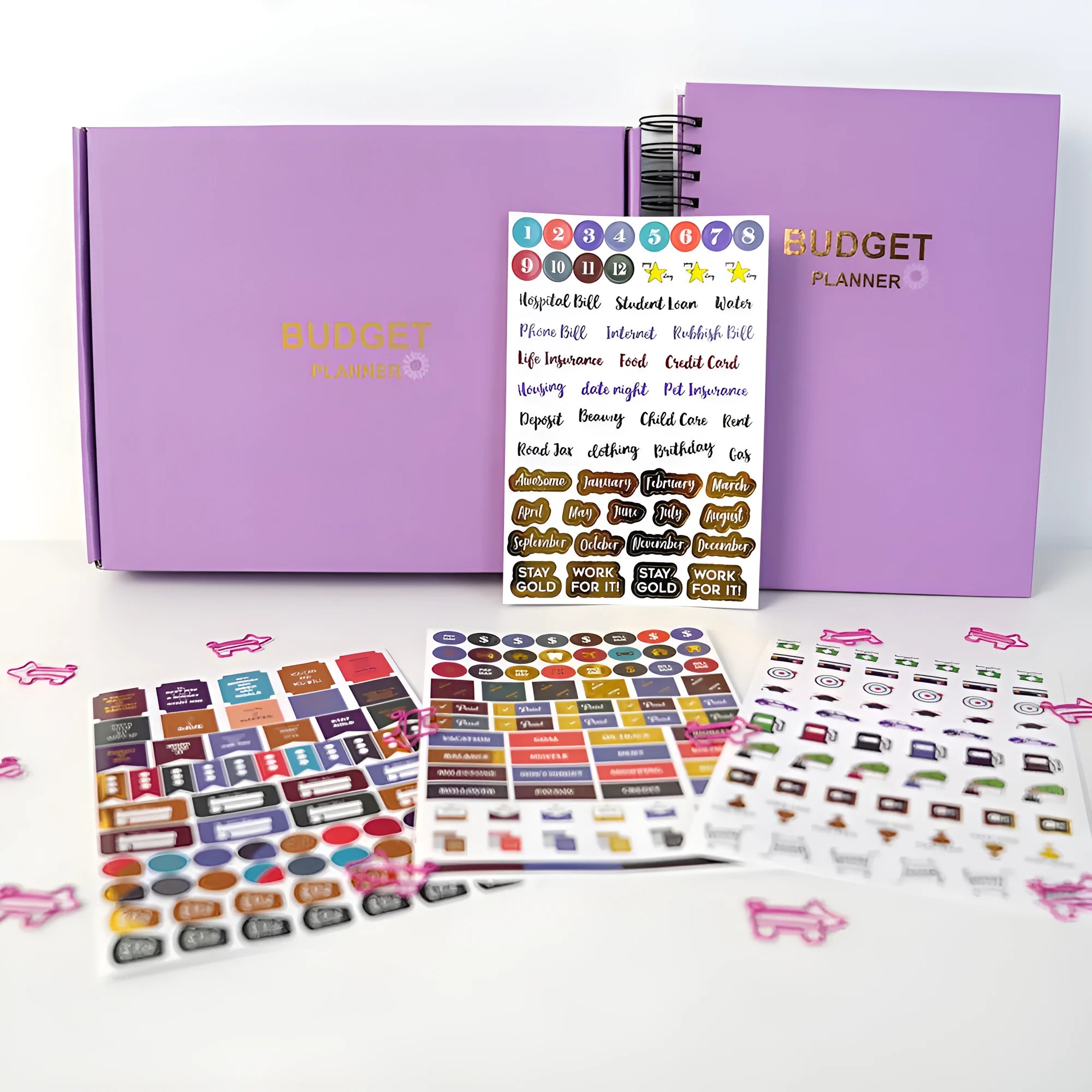 Purple coil-bound budget book open showing monthly financial planning layout with stickers and paper clips