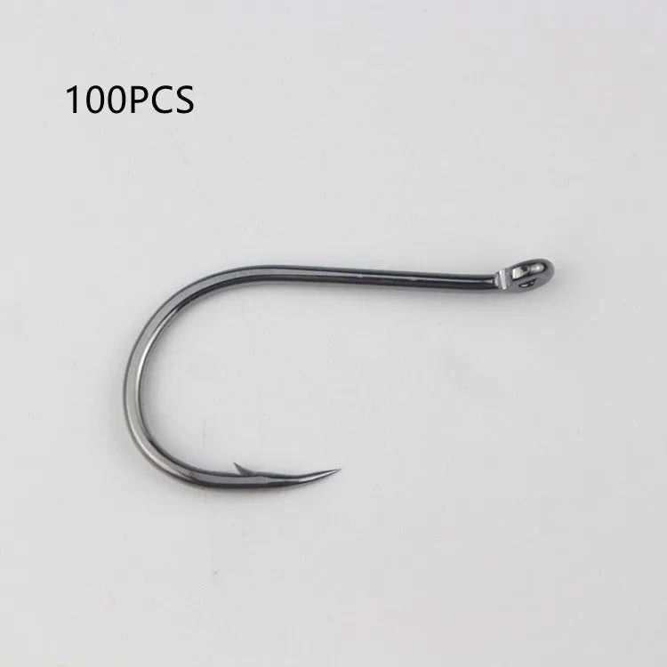Bulk pack of alloy carbon steel barbed fishing hooks with crooked mouth and hole ring for rock and sea fishing.