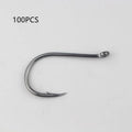 Bulk pack of alloy carbon steel barbed fishing hooks with crooked mouth and hole ring for rock and sea fishing.