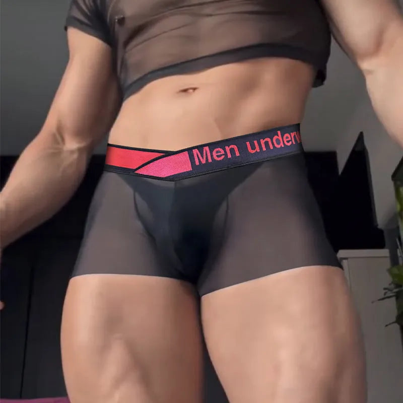 Men's low-waist modal nylon underwear with gradient laser pattern in black, red, and white colours