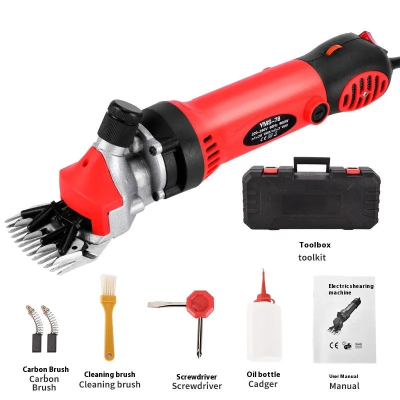 Yellow electric wool shears with 110V plug and multiple blade configurations for sheep shearing