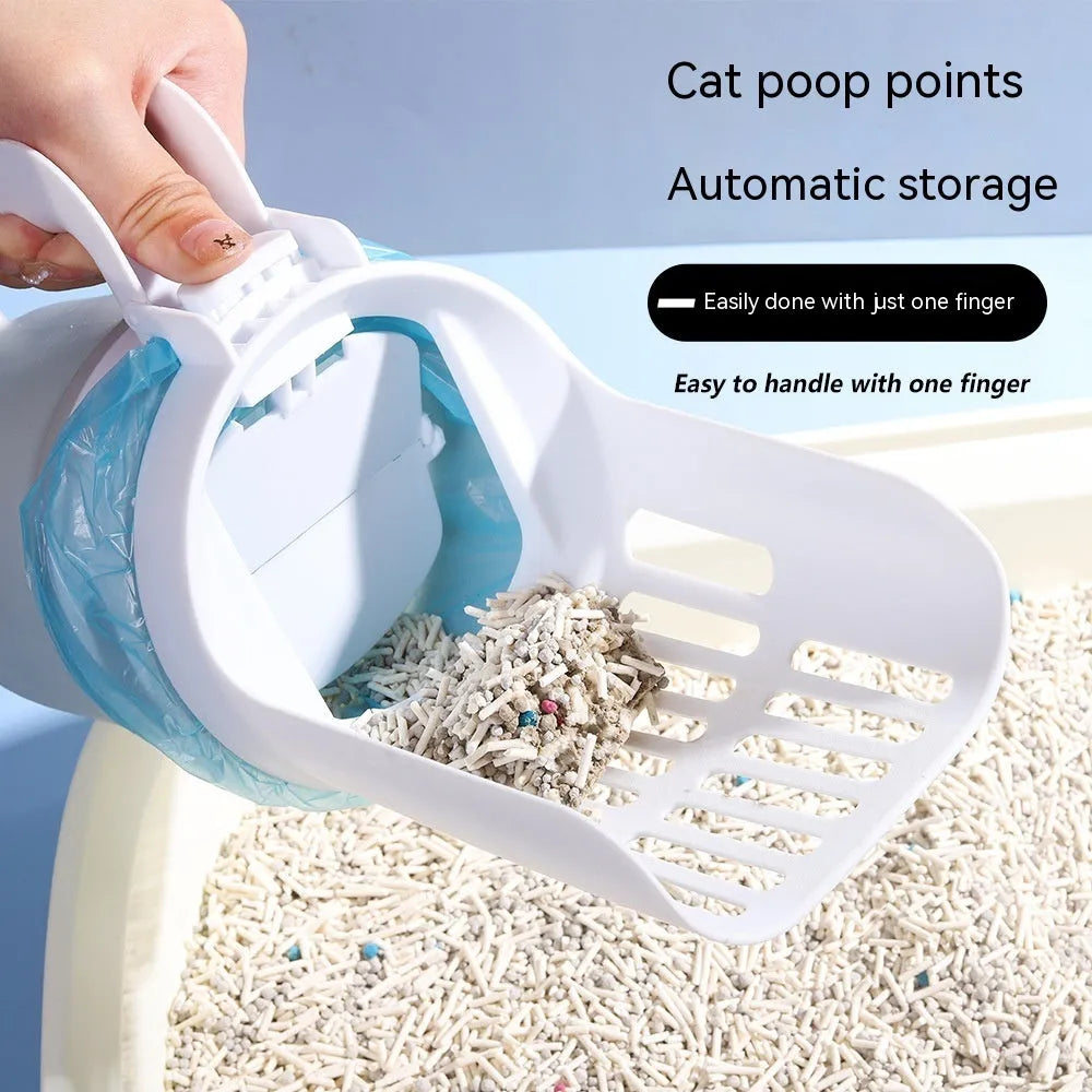 Grey cat litter scoop with attached waste collection bin showing foldable bottom design