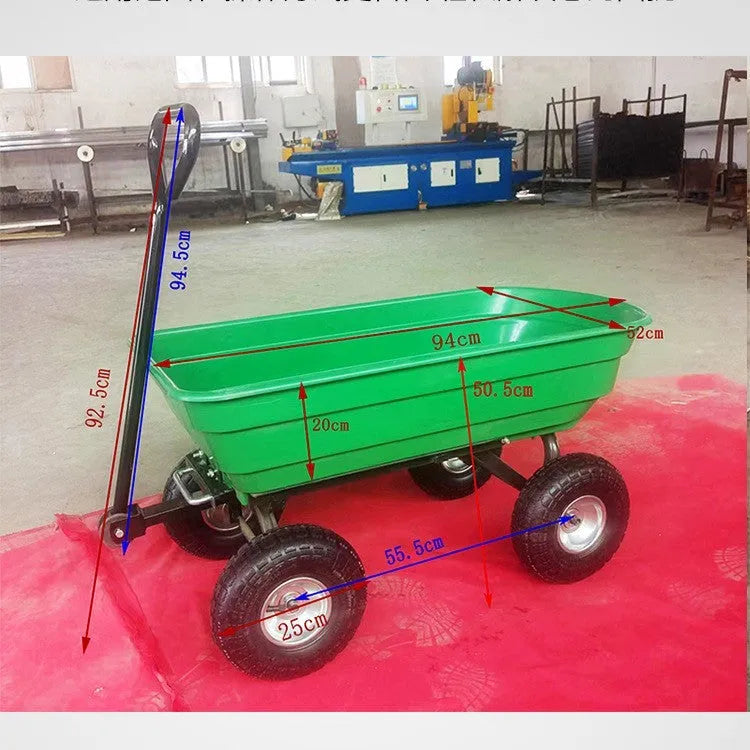 Green four-wheel plastic dump truck with steel PP construction and 350kg load capacity