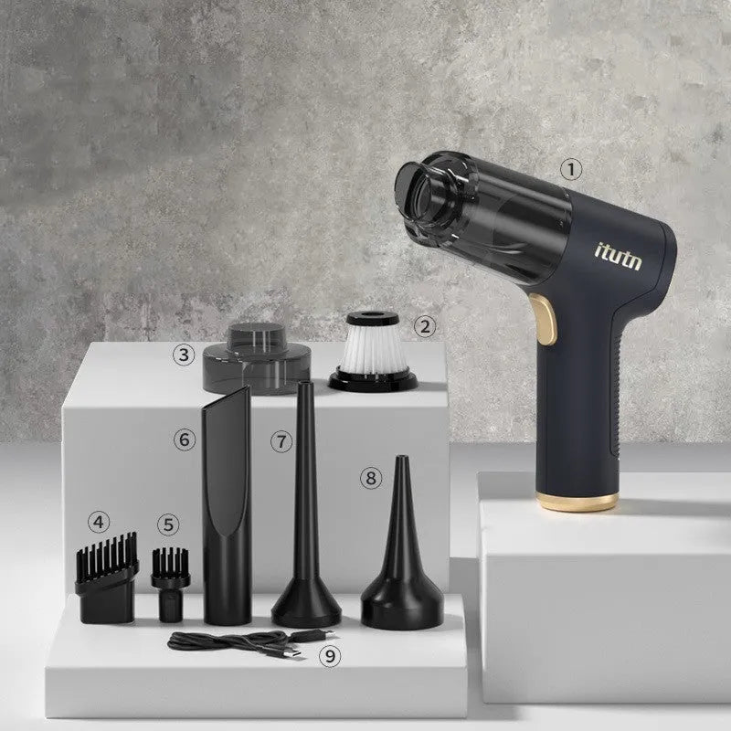 Black wireless handheld vacuum cleaner with multiple attachment nozzles for car and home cleaning