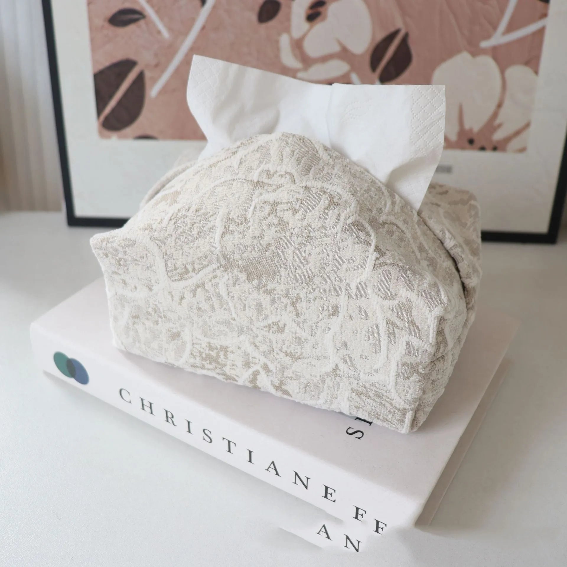 Chinese pastoral style fabric tissue box with rose pattern, 17x11x7cm dimensions in cotton material