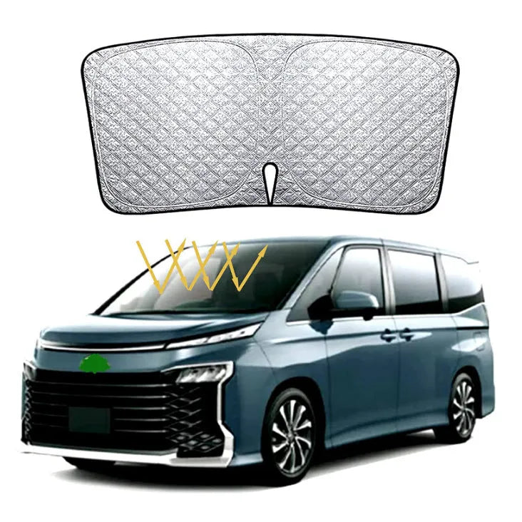 Custom silver reflective sunshade cover for Toyota Noah Voxy 90 Series front windshield.