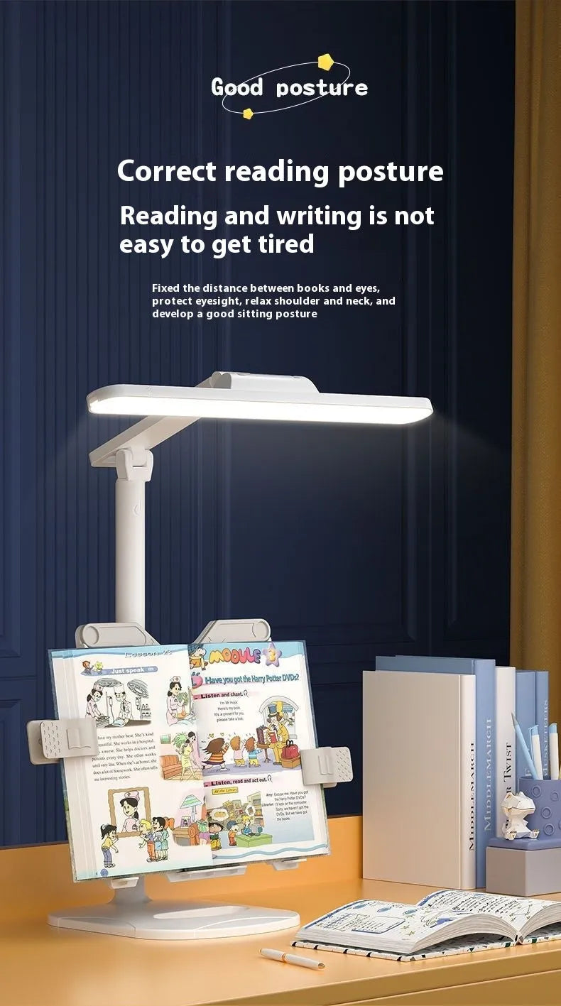Adjustable desk lamp with integrated bookshelf showing three light colour settings and a charging cable.