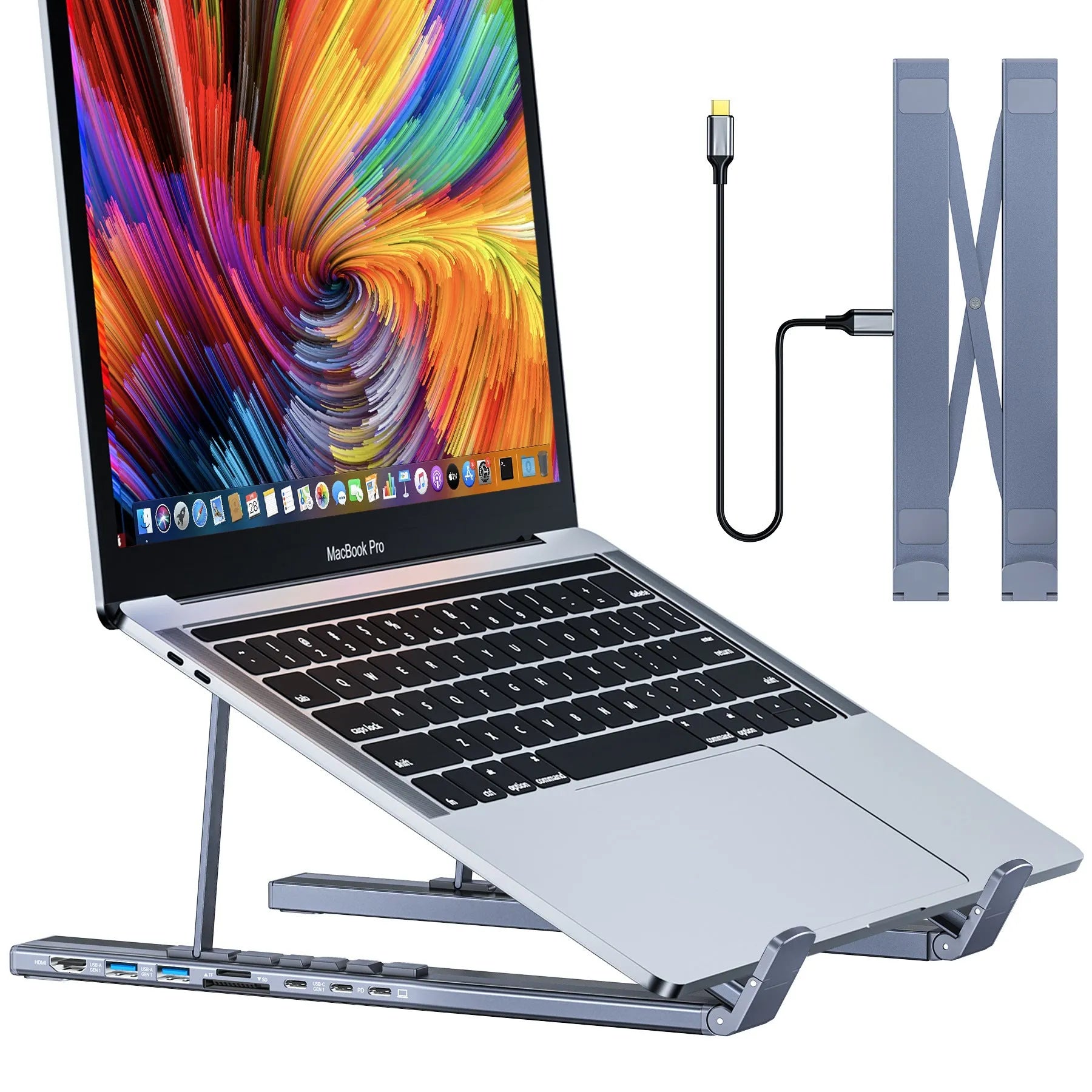 Aluminum folding laptop docking station with 8-in-1 multi-interface hub and 0.6m cable