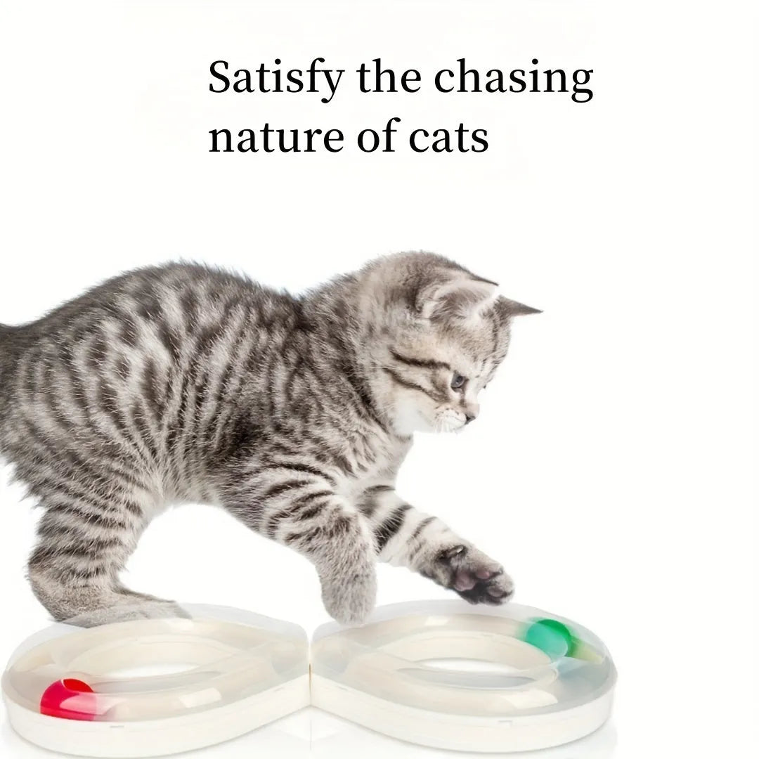 Blue and white interactive cat toy turntable track ball set with teasing stick for kitten play