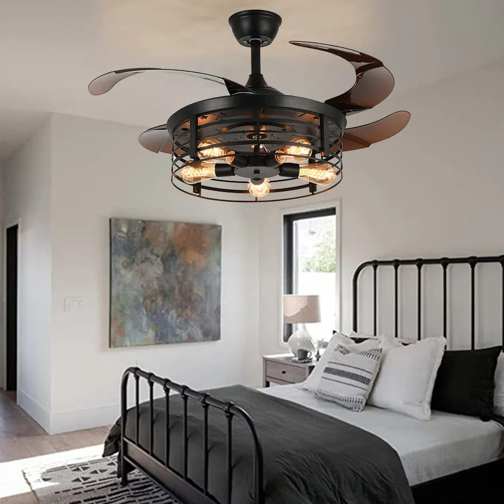 42-inch industrial retro ceiling fan lamp with invisible blades and integrated light fixture