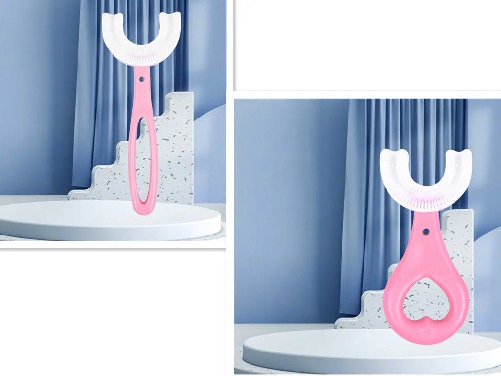 Children's U-shaped soft rubber toothbrush in pink and blue colours for milk teeth cleaning