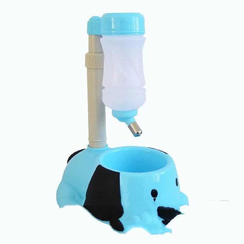 Adjustable rod-lift pet water bowl in blue colour on a white background.