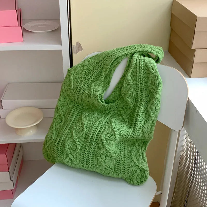 GWomens retro hollow knitted shoulder tote bag in woolen yarn with double straps and large 55cm capacity