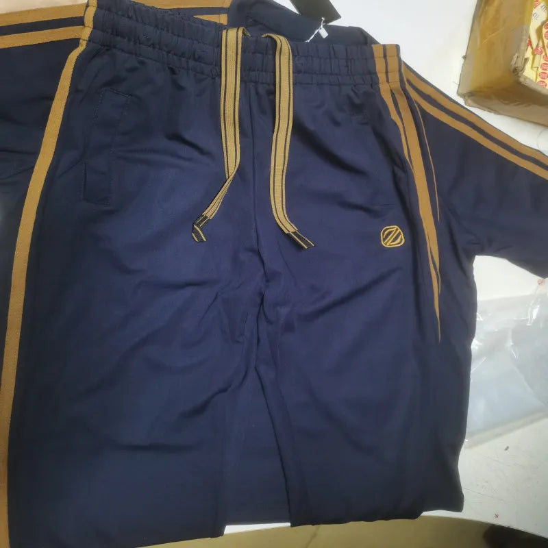 Men's blue ice silk style polyester sportswear set with short sleeve top and matching trousers