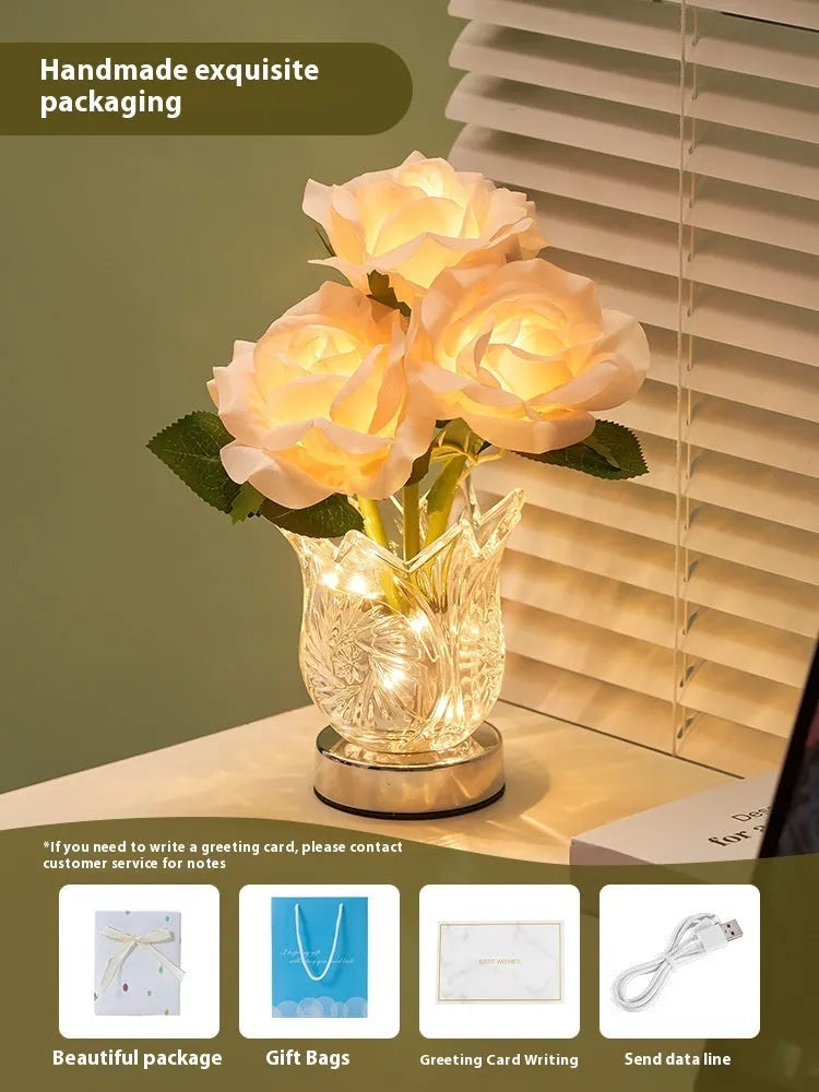 Crystal flowers rechargeable touch control table lamp with dimming function on wooden surface