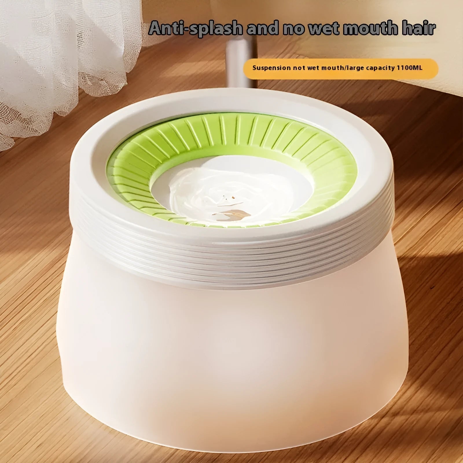 Suspension pet water bowl with non-wet mouth design in blue, green, and brown colour options showing 600ml and 1200ml capacities