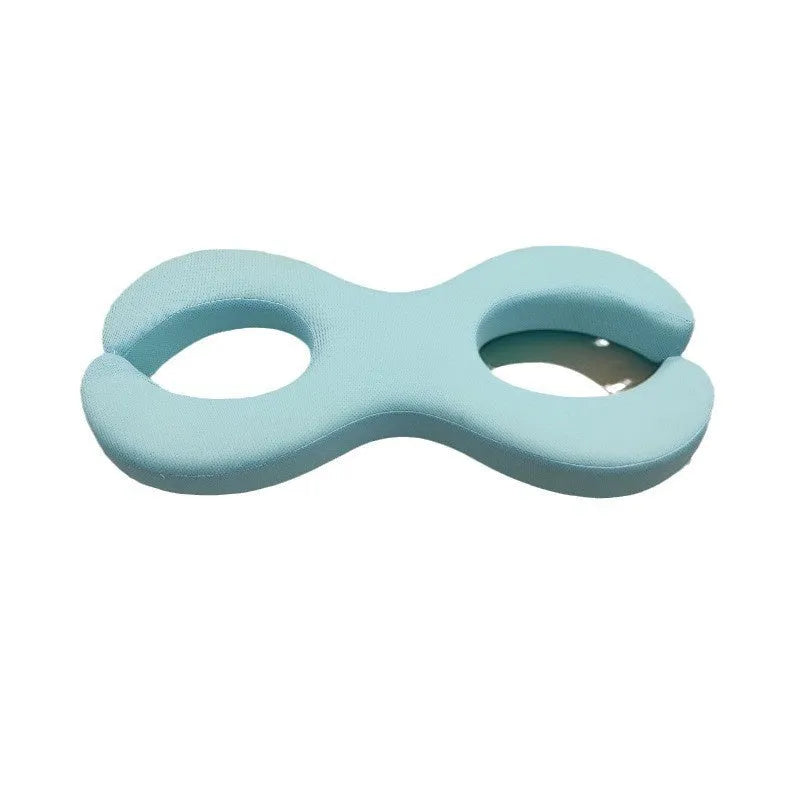 Cylindrical memory foam cervical traction pillow in cool blue colour showing 6cm and 9cm thickness options