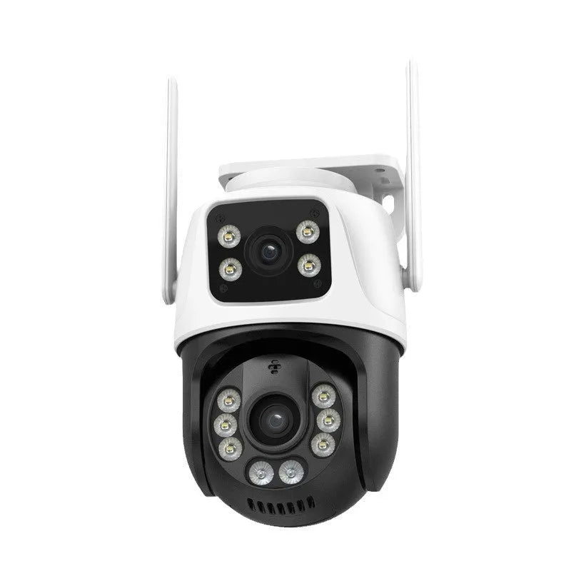 Wireless dual-screen security camera unit for remote home and outdoor monitoring.