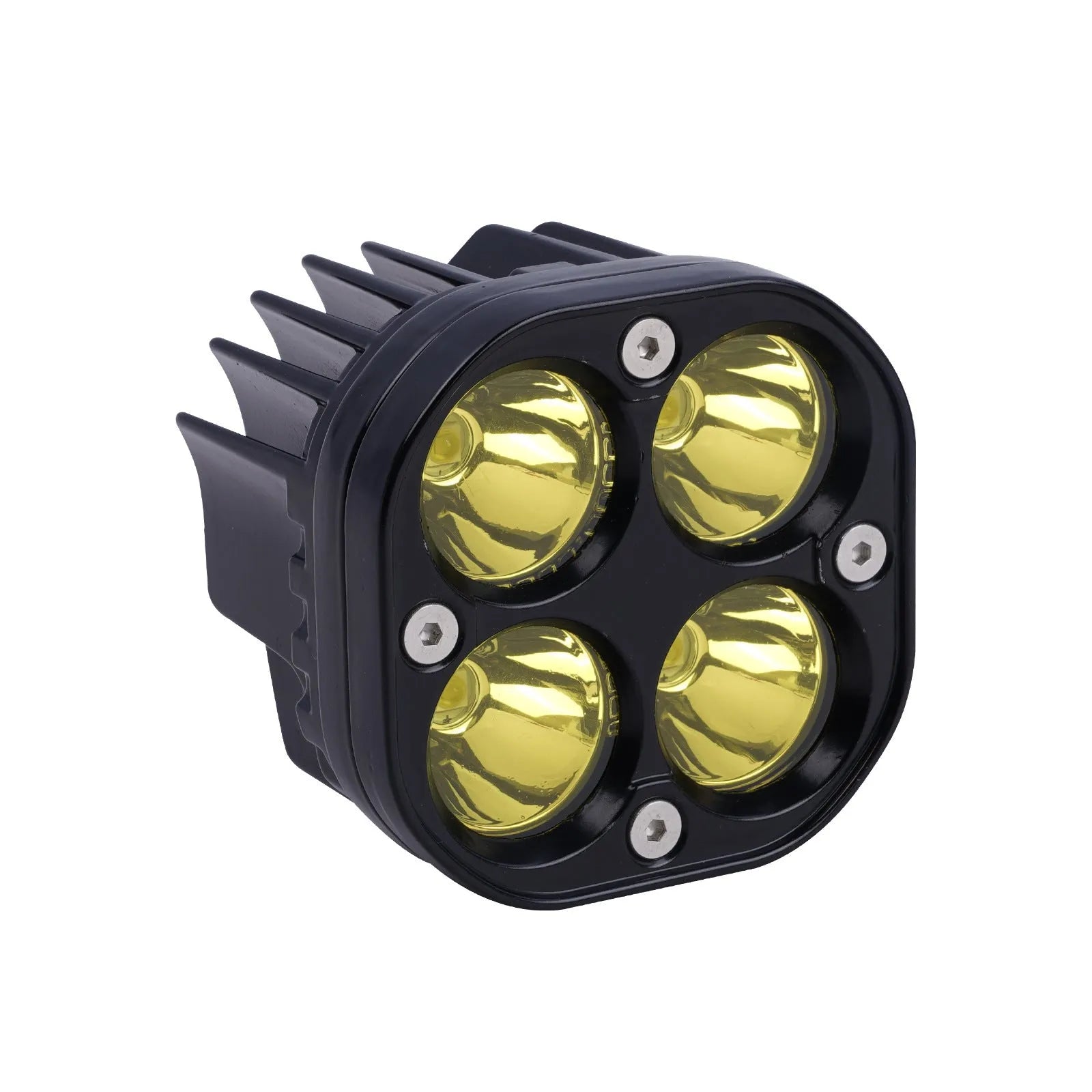 Four-eye vehicle headlight modification kit with aluminium base plate showing white and yellow light options