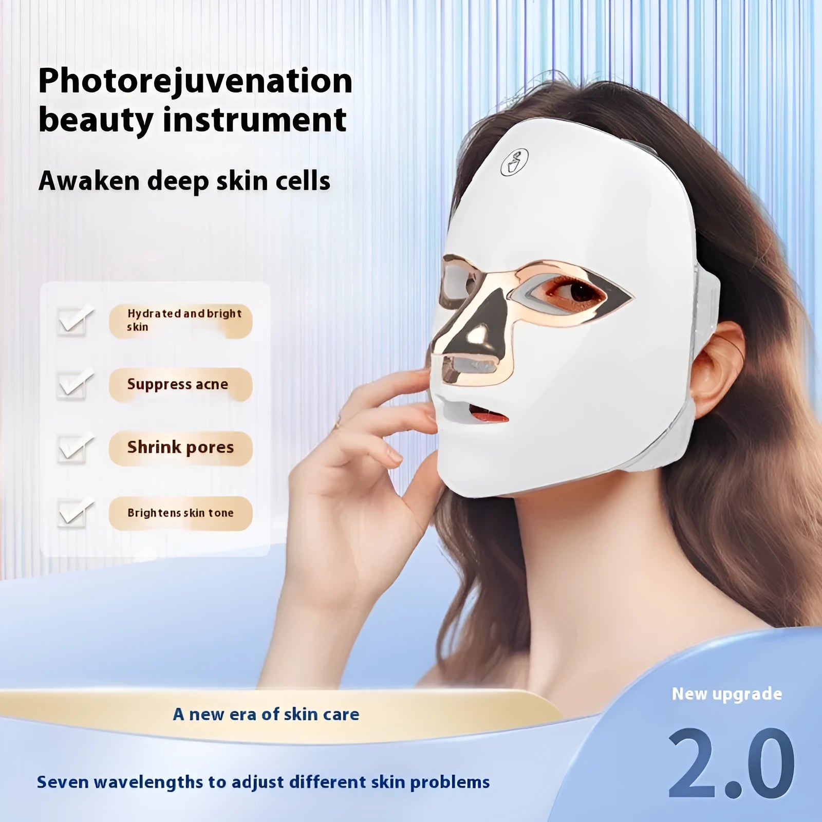 Rechargeable LED light therapy facial beauty mask in black, white, or rose gold trim.