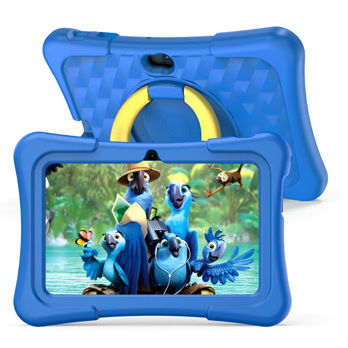 Blue children's educational tablet with silicone protective cover and rotation handle bracket