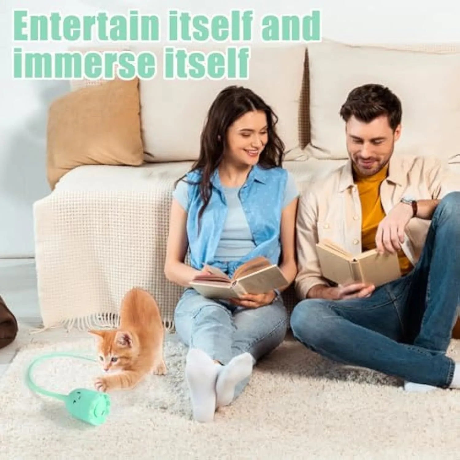 Green electronic cat toy with swinging silicone tail on floor for indoor cat play