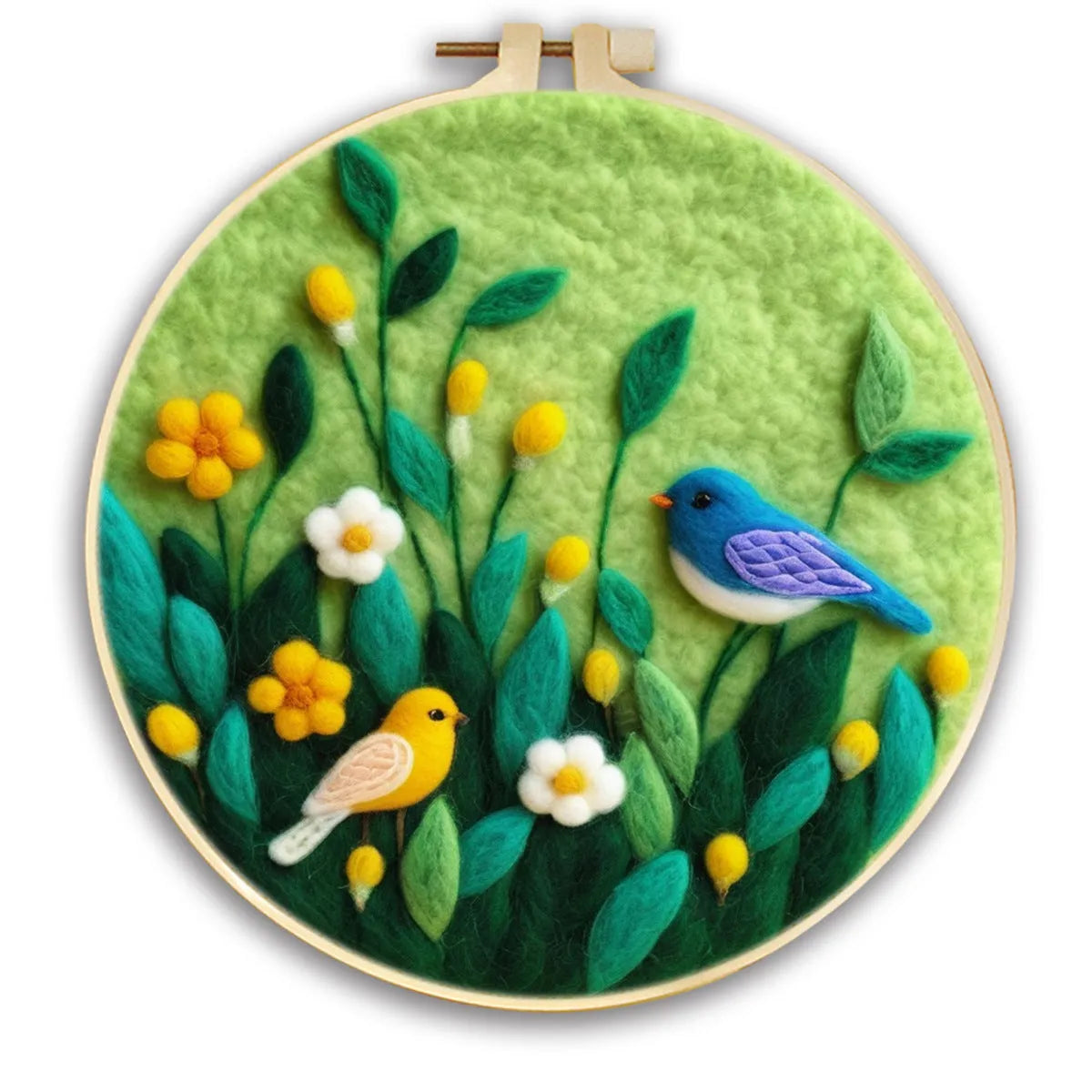 Round linen embroidery kit with wool felt materials for three-dimensional floral design