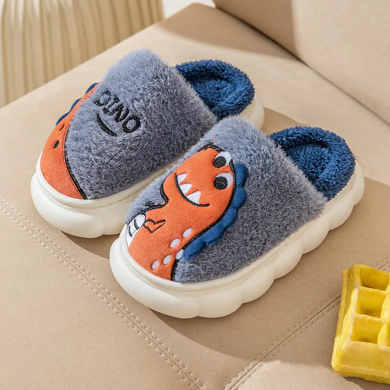 Cotton plush dinosaur print slippers for couples in grey, coffee, and orange designs