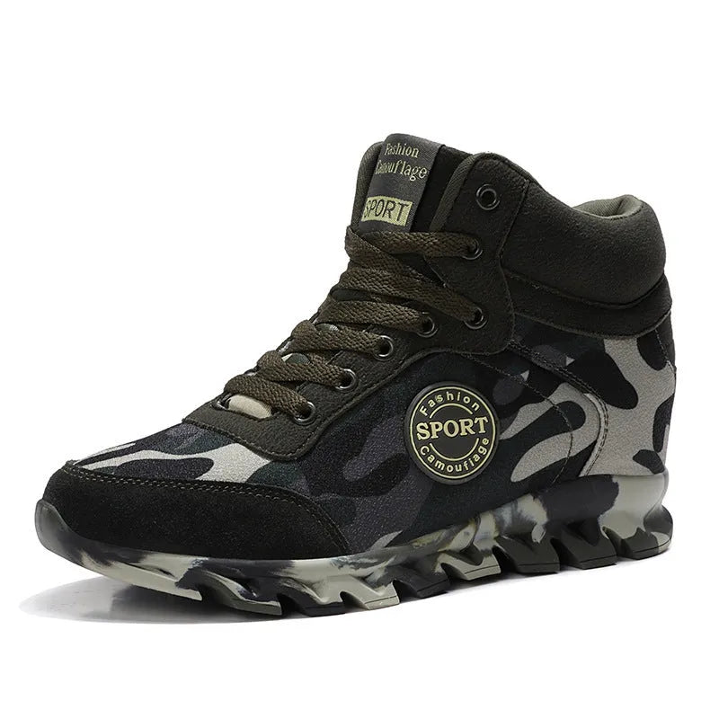 Women's green camouflage canvas sneakers with increased sole height and rubber outsole