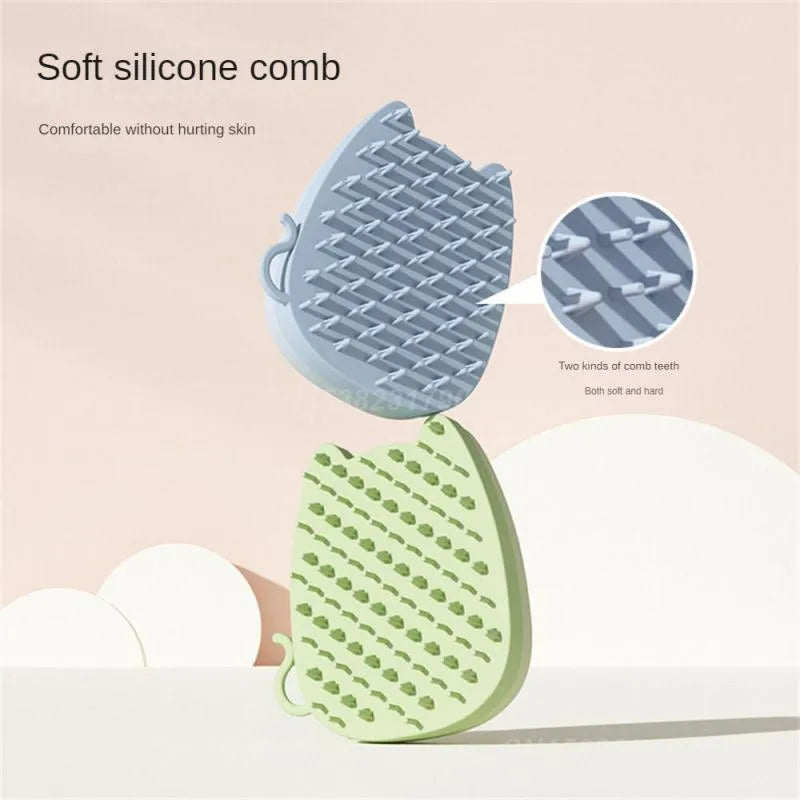 Brown silicone pet grooming comb with dual bristle types for cats and dogs