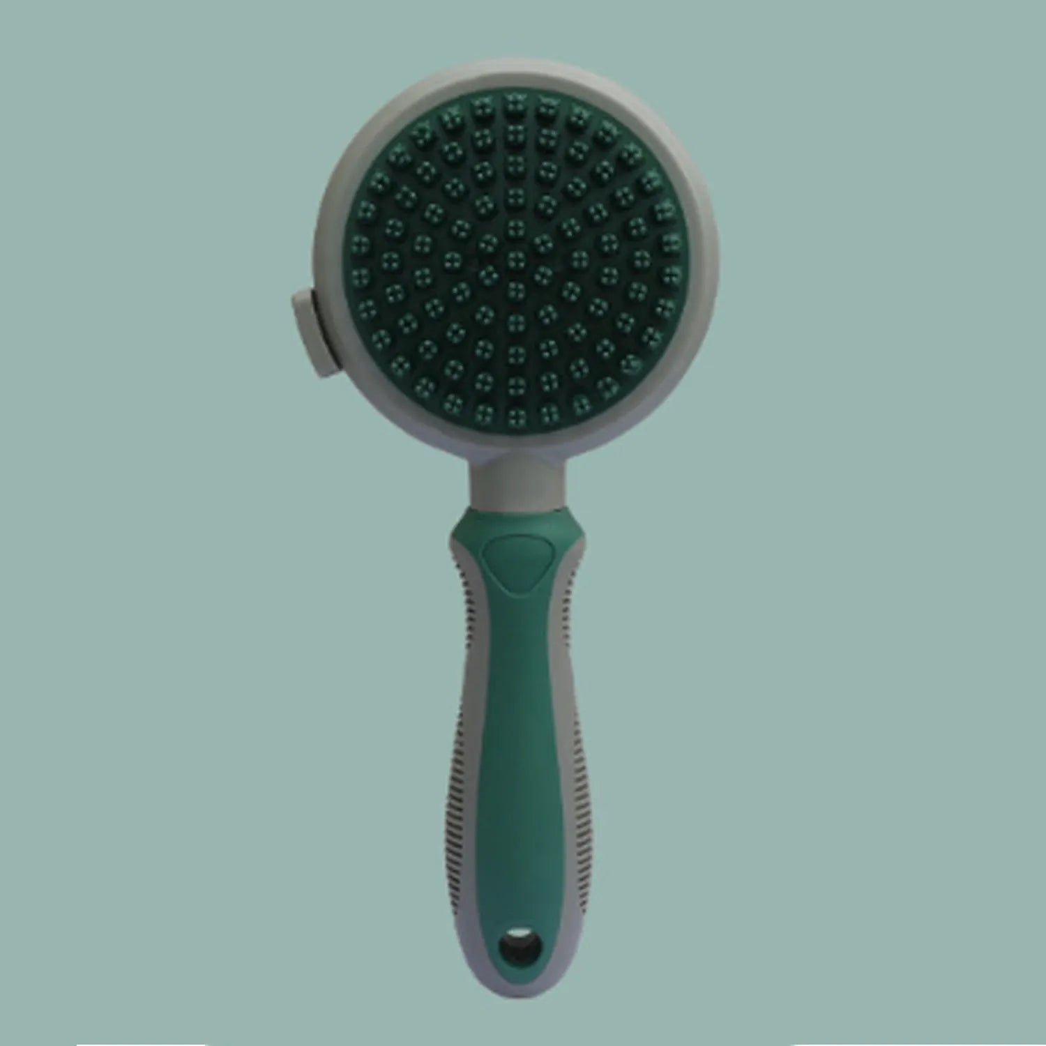 Double-sided cat brush with release button and flea comb in green and pink colour options