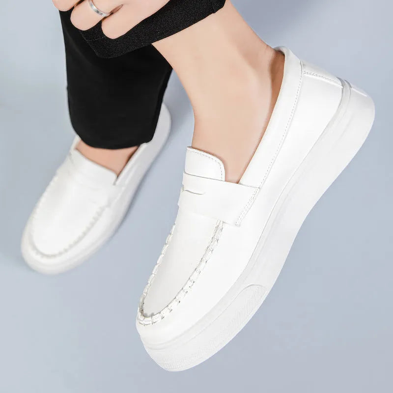 PU leather casual slip-on shoes in round toe design available in white, black and white, and khaki colour options