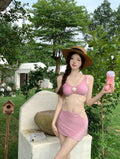 Bear Vacation pink and black three-piece polyester bikini set for swimming.