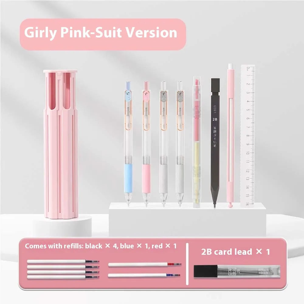 Plastic pencil case kit with pressing pen in pink, blue, or white, showing six-piece and sixteen-piece set options