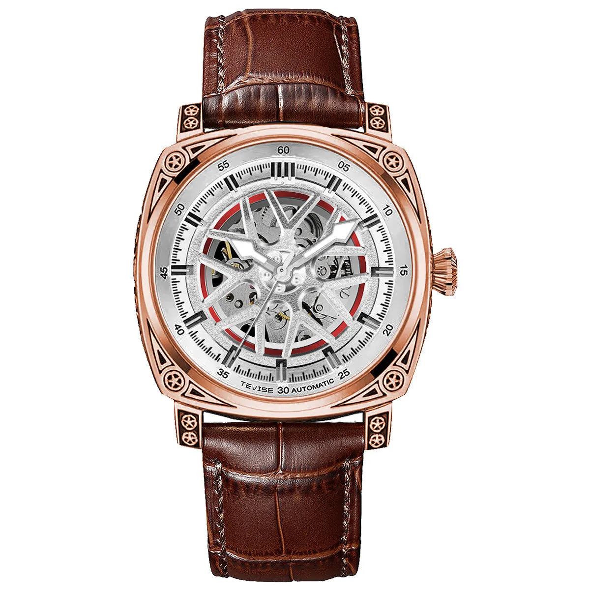 Stainless steel automatic mechanical men's watch with leather strap in blue, black, rose white or white colour options
