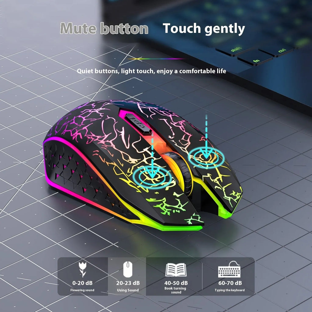 Black wireless gaming mouse with luminous breathing light effects on desktop with charging cable