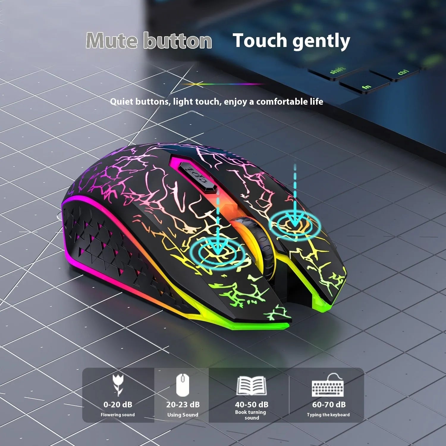 Black wireless gaming mouse with luminous breathing light effects on desktop with charging cable