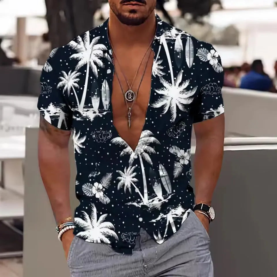 Men's short sleeve floral print shirt with loose cardigan styling in polyester fabric