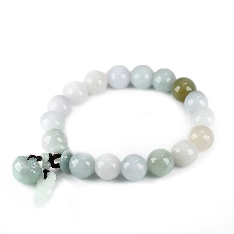 Natural green jade bracelet with hanging geometric charms including an Apple and a Maitreya Buddha pendant.