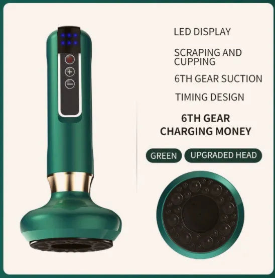 Green electric vacuum cupping massager device with suction cups and USB charger.