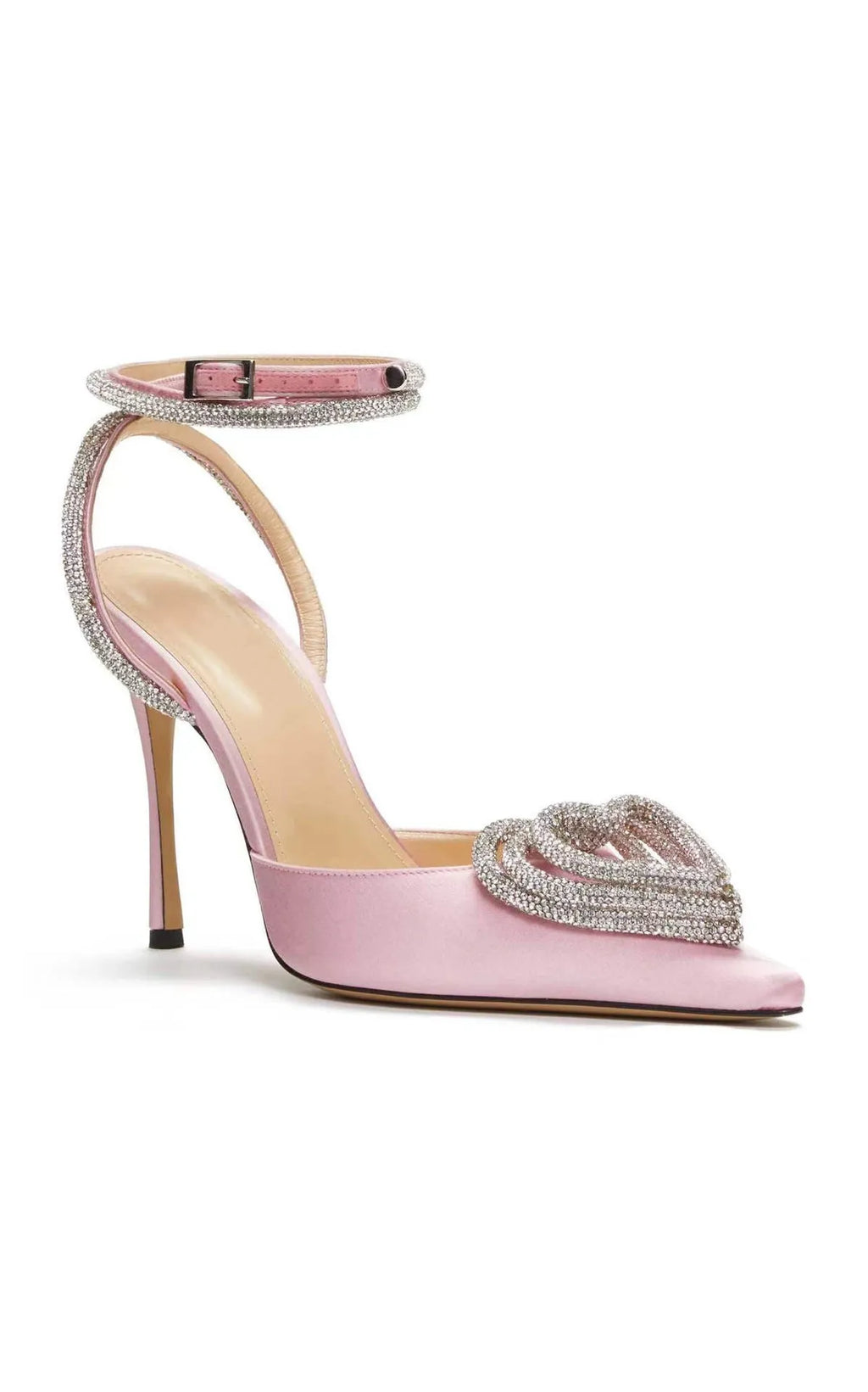 Women's black satin sandal with pointed toe, heart rhinestone, and strappy cross belt design.