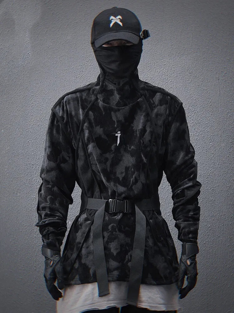 Men's loose tie dye turtleneck sweater with drop-shoulder long sleeves in black and grey polyester fabric