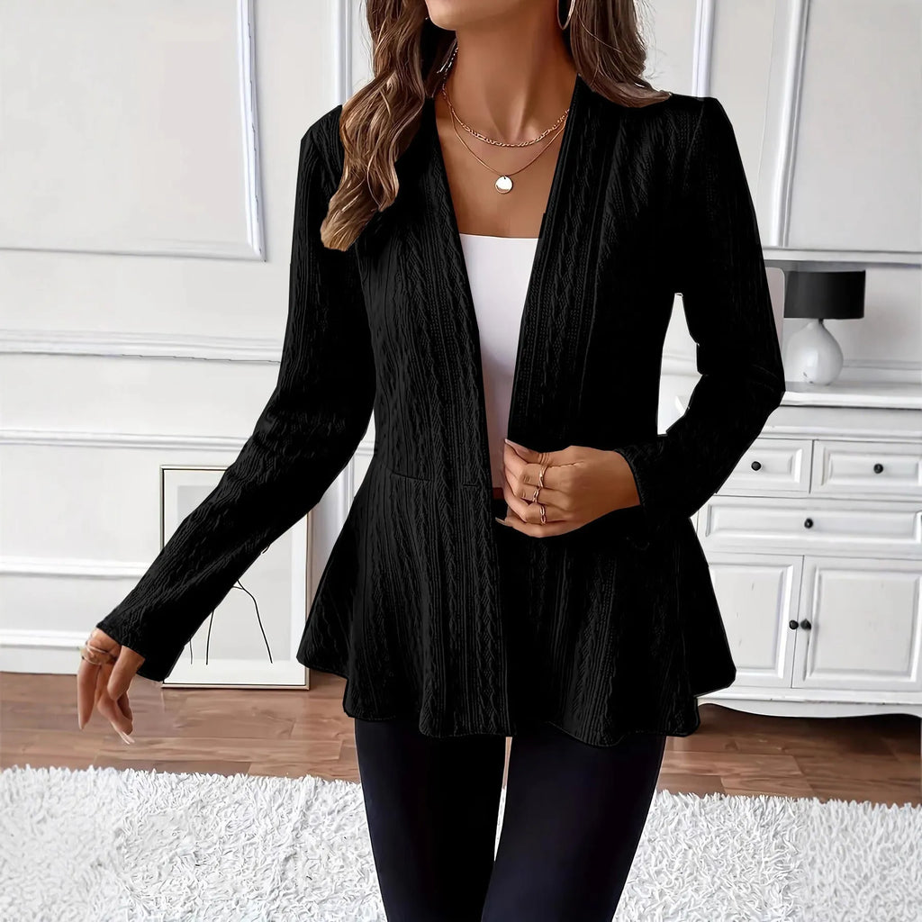 Women's apricot slim fit knitted cardigan with one button and jacquard pattern texture.
